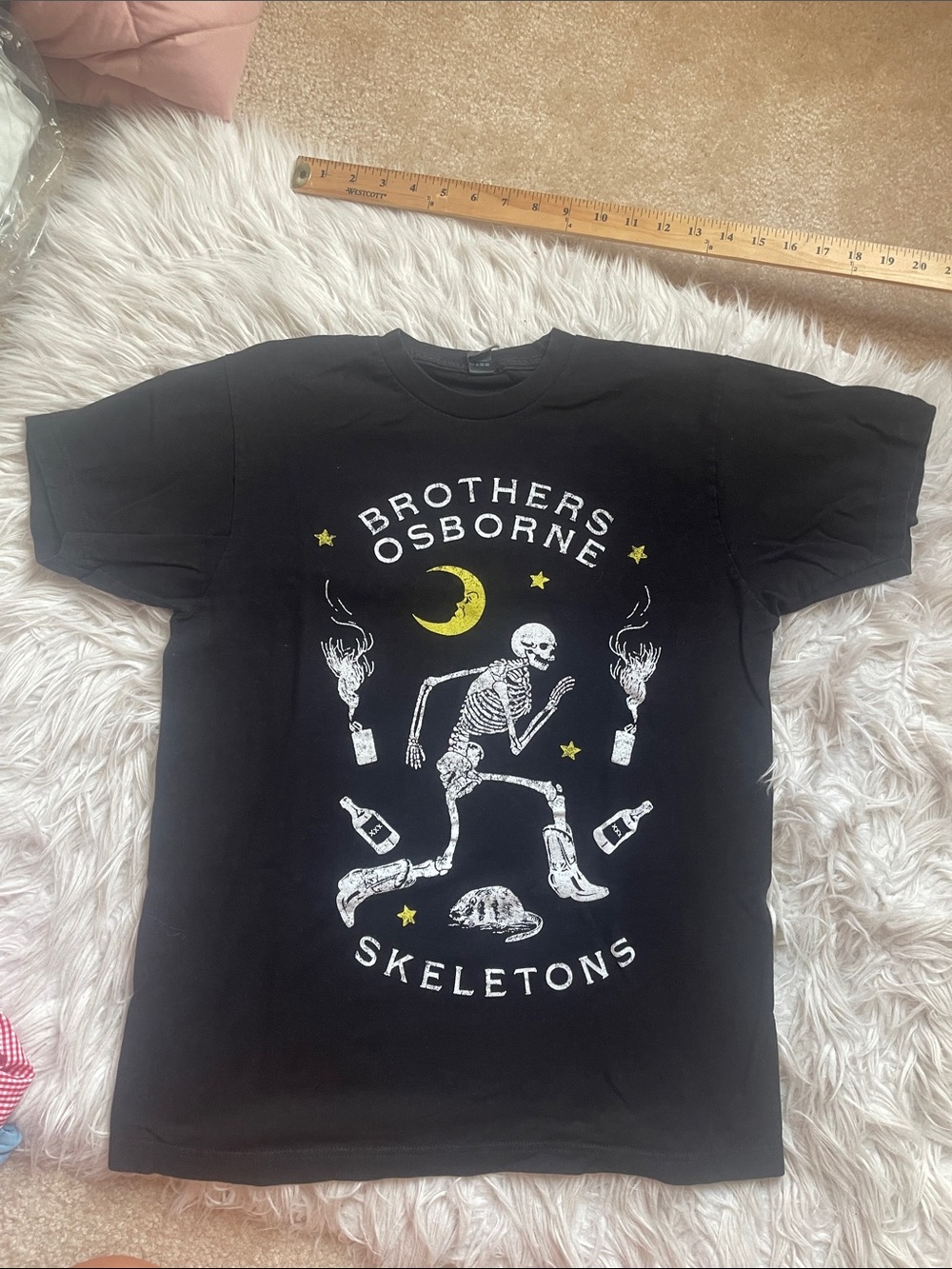 Tultex Black Graphic Tee with White Skeleton and Yellow Moon